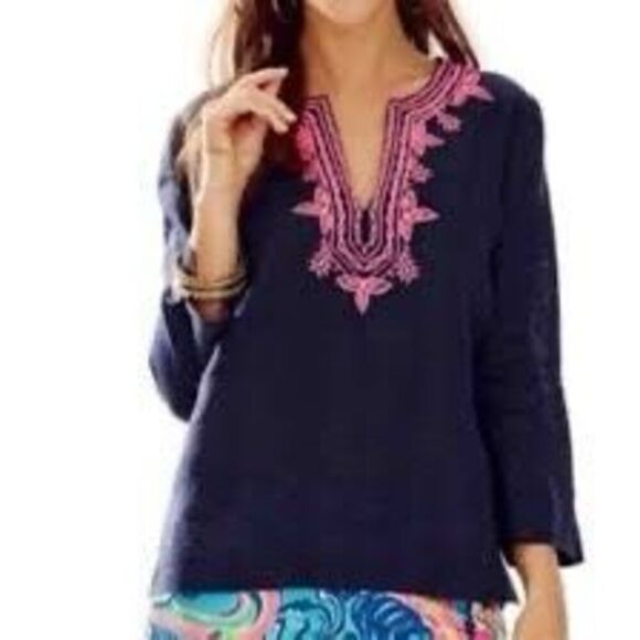 Lilly Pulitzer Amelia Island Top Sz XL 100% Linen Embroidered Blue Pink - Picture 2 of 11